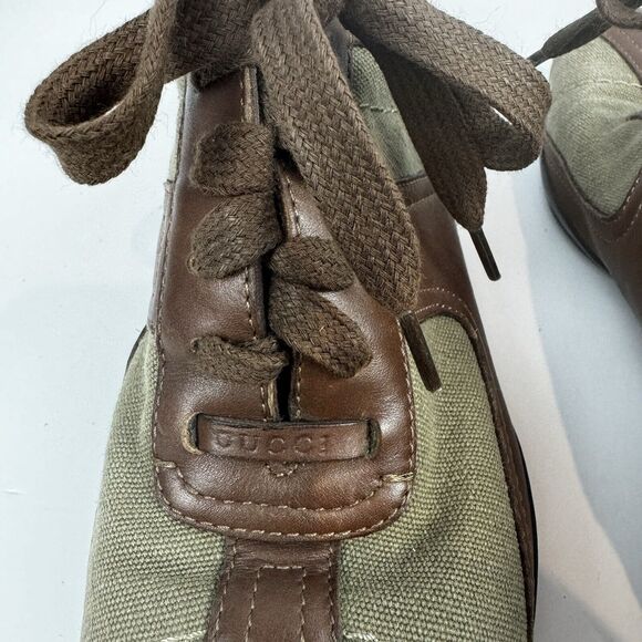 Gucci Olive Green Canvas and Leather Sneakers Size 5.5B EU35.5 Casual Sport VTG - Picture 4 of 16